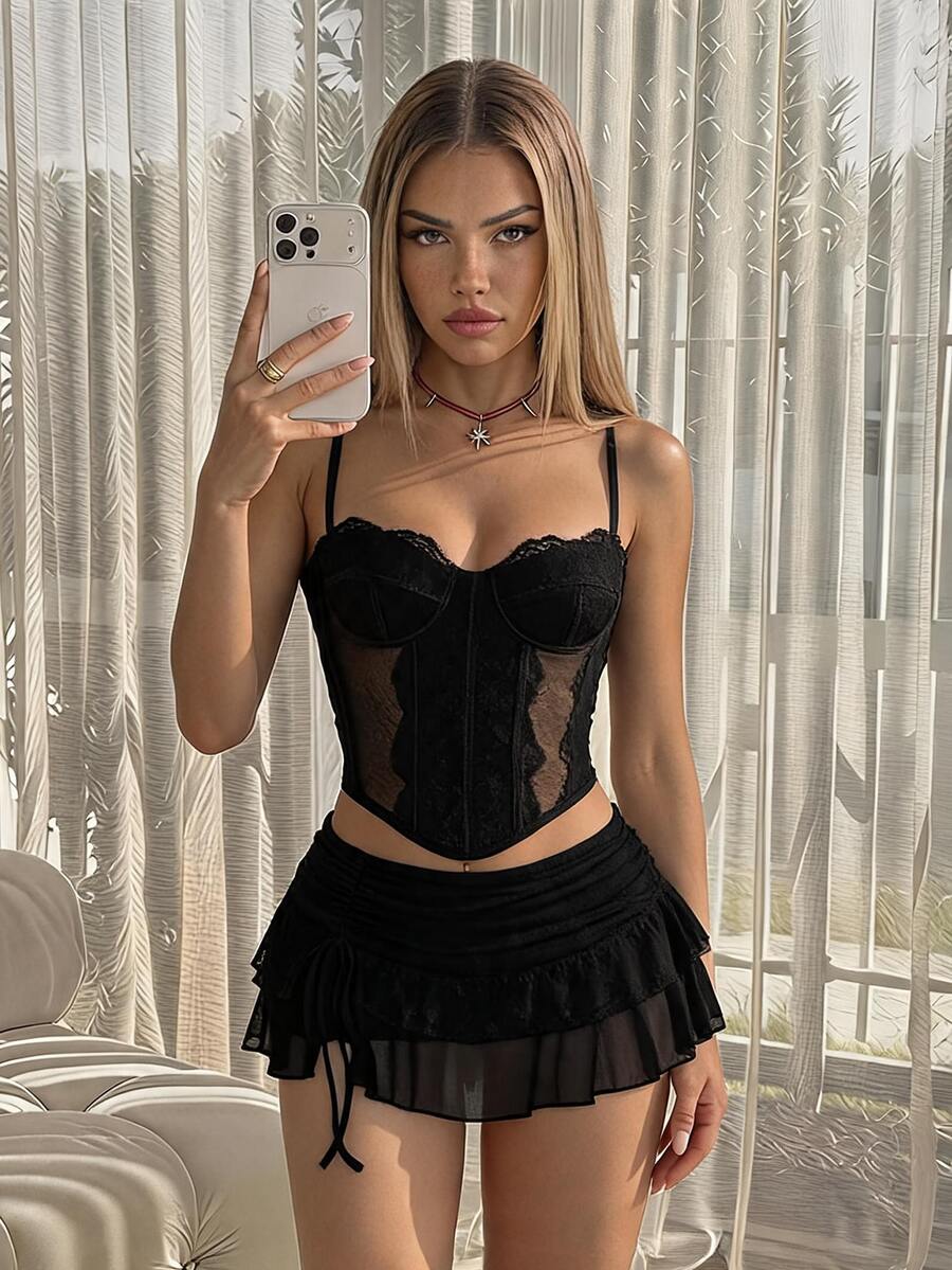 SHEIN ICON Women's Black Club Lace Patchwork Bodycon Solid Color Asymmetric Hem Camisole,Tank Top,Black Top - Black - View 1