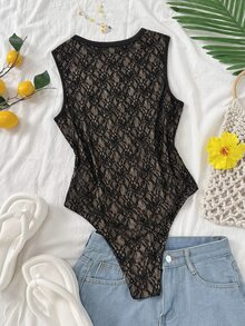 SHEIN Clasi 女款無袖圓領花卉蕾絲連身衣 修身高衩開胯扣設計 黑色與米色 比基尼上衣 外出夜生活約會穿搭 - 黑色 - 查看 2