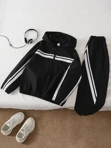 青少年男孩條紋長袖拉鍊連帽外套與長褲套裝 - 黑色 - 查看 4