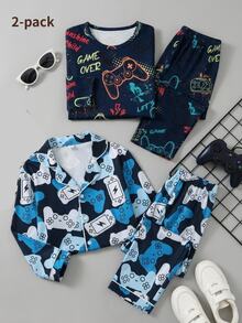 SHEIN 遊戲機印花 2件/套 青少年男孩新款長袖上衣與長褲睡衣套裝，時尚經典基礎休閒居家服，長袖長褲翻領鈕扣開襟家居服 - 彩色 - 查看 10