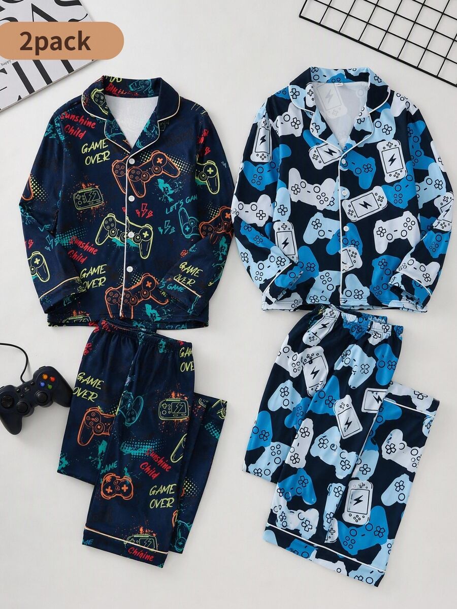 SHEIN 遊戲機印花 2件/套 青少年男孩新款長袖上衣與長褲睡衣套裝,時尚經典基礎休閒居家服,長袖長褲翻領鈕扣開襟家居服 - 彩色 - 查看 1