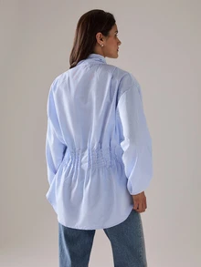 STILLVEA. Sky Blue French Elegant Style Loose Cropped Puff Sleeve Tie-Front Pleated Shirt, Suitable For Spring/Summer Commute And Dates,Fall Clothes,Blue Top,Summer Tops - Baby Blue - View 4