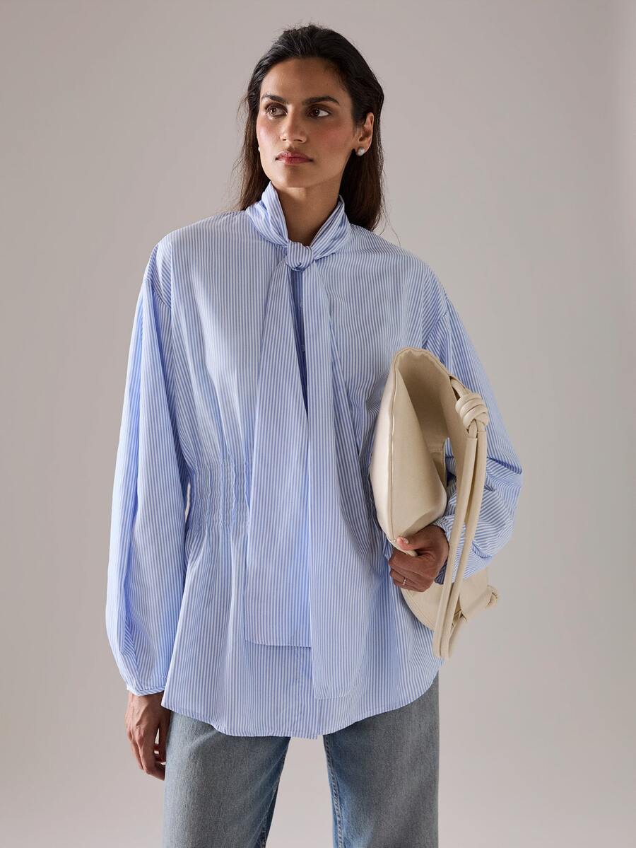 STILLVEA. Sky Blue French Elegant Style Loose Cropped Puff Sleeve Tie-Front Pleated Shirt, Suitable For Spring/Summer Commute And Dates,Fall Clothes,Blue Top,Summer Tops - Baby Blue - View 1