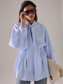 STILLVEA. Sky Blue French Elegant Style Loose Cropped Puff Sleeve Tie-Front Pleated Shirt, Suitable For Spring/Summer Commute And Dates,Fall Clothes,Blue Top,Summer Tops - Baby Blue - View 2