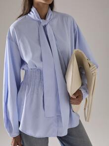 STILLVEA. Sky Blue French Elegant Style Loose Cropped Puff Sleeve Tie-Front Pleated Shirt, Suitable For Spring/Summer Commute And Dates,Fall Clothes,Blue Top,Summer Tops - Baby Blue - View 6
