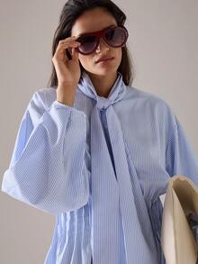 STILLVEA. Sky Blue French Elegant Style Loose Cropped Puff Sleeve Tie-Front Pleated Shirt, Suitable For Spring/Summer Commute And Dates,Fall Clothes,Blue Top,Summer Tops - Baby Blue - View 3