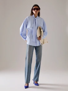 STILLVEA. Sky Blue French Elegant Style Loose Cropped Puff Sleeve Tie-Front Pleated Shirt, Suitable For Spring/Summer Commute And Dates,Fall Clothes,Blue Top,Summer Tops - Baby Blue - View 5