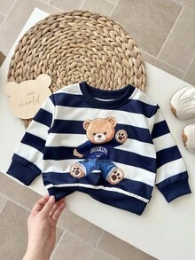SHEIN Playful Pals 1件嬰兒男童幼兒酷炫海軍藍熊圖案設計亮點休閒圓領運動衫，針織面料，舒適適合秋季 - 藍色 - 查看 4