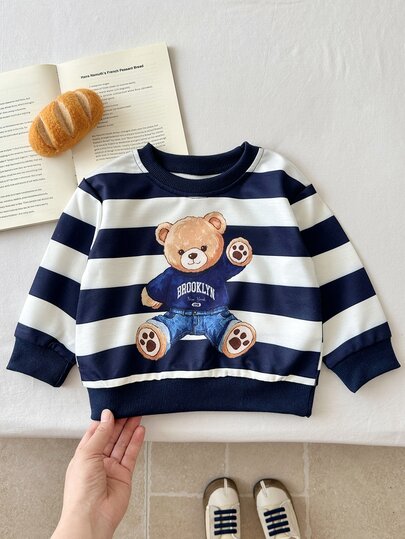 SHEIN Playful Pals 1 pieza Sudadera de cuello redondo para bebé niño pequeño con diseño de oso azul marino, casual y modesta, de tela de punto, cómoda para otoño
