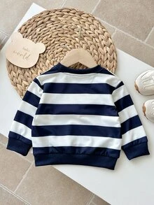 SHEIN Playful Pals 1件嬰兒男童幼兒酷炫海軍藍熊圖案設計亮點休閒圓領運動衫，針織面料，舒適適合秋季 - 藍色 - 查看 3