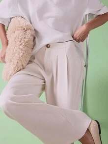 STILLVEA. Women's Fashion Elegant Solid Color Pleated High Waist Wide Leg Pants Casual Spring For University Fall,Fall Clothes - Apricot - View 4