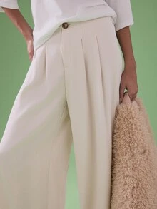 STILLVEA. Women's Fashion Elegant Solid Color Pleated High Waist Wide Leg Pants Casual Spring For University Fall,Fall Clothes - Apricot - View 6