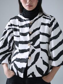 STILLVEA. French Retro White Animal Print Zebra Puff Sleeve Short Jacket,Elegant Metal Button Fall Winter Top Day Party,Chic Versatile Commuting Street Style,Fall Clothes,Fall Fashion - Multicolor - View 2