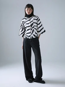 STILLVEA. French Retro White Animal Print Zebra Puff Sleeve Short Jacket,Elegant Metal Button Fall Winter Top Day Party,Chic Versatile Commuting Street Style,Fall Clothes,Fall Fashion - Multicolor - View 5