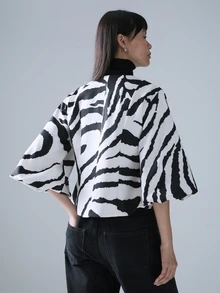 STILLVEA. French Retro White Animal Print Zebra Puff Sleeve Short Jacket,Elegant Metal Button Fall Winter Top Day Party,Chic Versatile Commuting Street Style,Fall Clothes,Fall Fashion - Multicolor - View 3