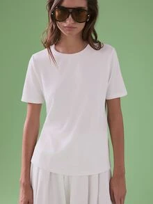 STILLVEA. Women's Casual Versatile Solid Color Short Sleeve T-Shirt ,Petite Women,Casual Tops,White Top - White - View 3