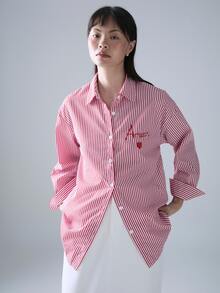 STILLVEA. Classic Striped Long Sleeve Shirt, Delicate Embroidered Pattern, Loose & Comfortable Fit,Fall Clothes - Red and White - View 1