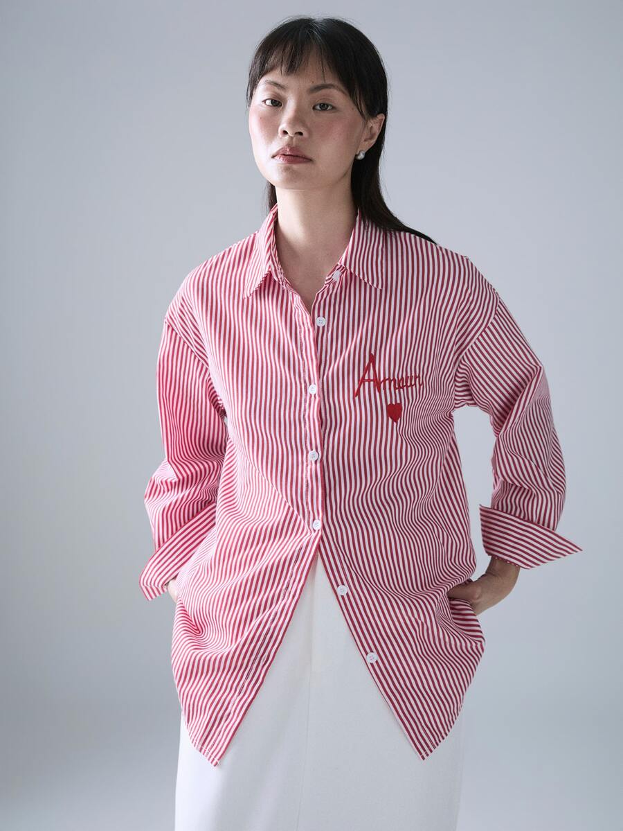 STILLVEA. Classic Striped Long Sleeve Shirt, Delicate Embroidered Pattern, Loose & Comfortable Fit,Fall Clothes - Red and White - View 1