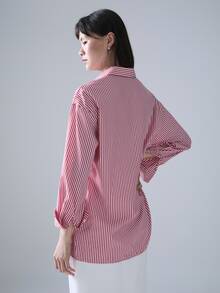 STILLVEA. Classic Striped Long Sleeve Shirt, Delicate Embroidered Pattern, Loose & Comfortable Fit,Fall Clothes - Red and White - View 2