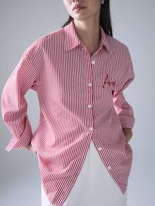 STILLVEA. Classic Striped Long Sleeve Shirt, Delicate Embroidered Pattern, Loose & Comfortable Fit,Fall Clothes - Red and White - View 5