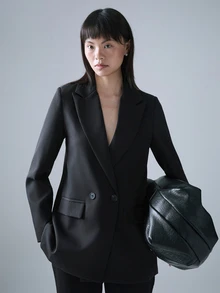 STILLVEA. 女士商务风纯色双排扣西装外套，适合通勤和秋季穿着 - 黑色 - 查看 1