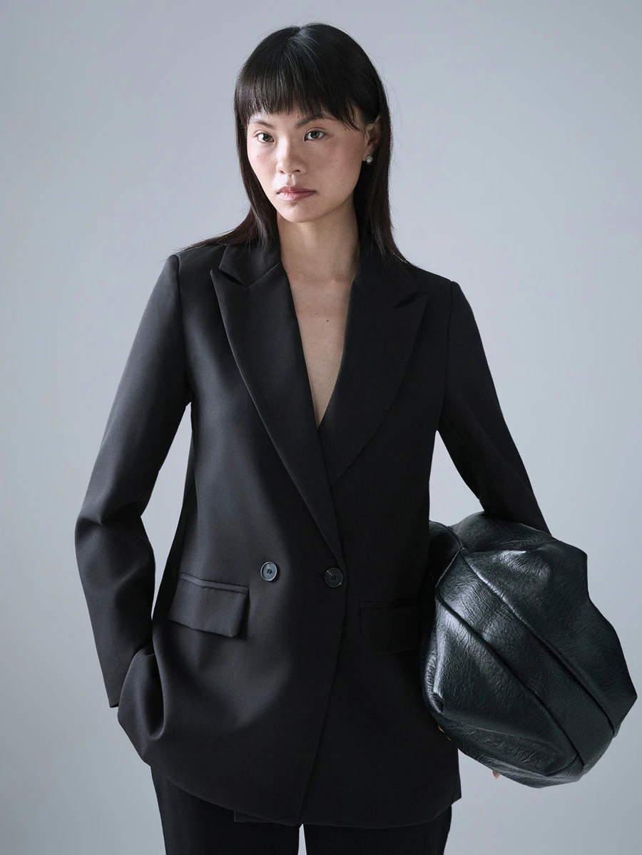 STILLVEA. 女士商务风纯色双排扣西装外套,适合通勤和秋季穿着 - 黑色 - 查看 1