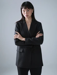 STILLVEA. 女士商务风纯色双排扣西装外套，适合通勤和秋季穿着 - 黑色 - 查看 3