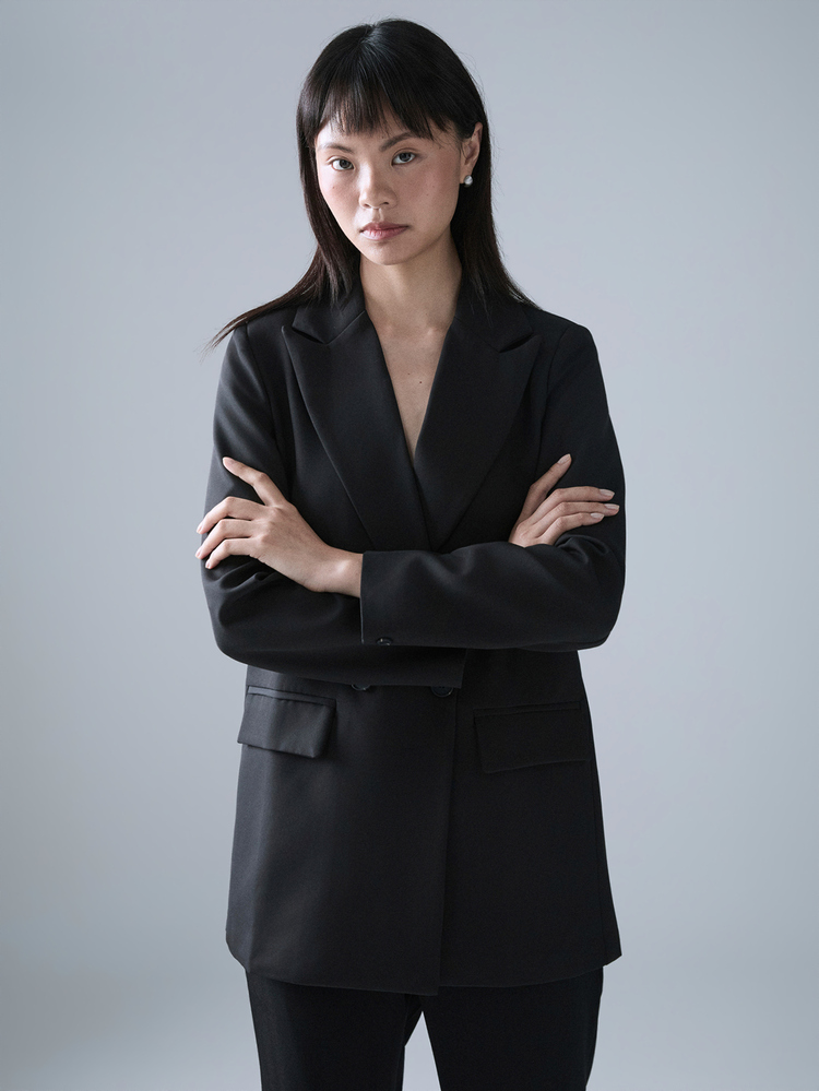 STILLVEA. 女士商务风纯色双排扣西装外套，适合通勤和秋季穿着 - 黑色 - 查看 3