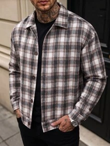 Manfinity CasualCool 男士休閒時尚白色棕色格紋鈕扣長袖百搭大衣 - 棕色 - 查看 5