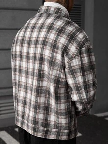 Manfinity CasualCool 男士休閒時尚白色棕色格紋鈕扣長袖百搭大衣 - 棕色 - 查看 2