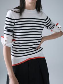 STILLVEA. Áo len dệt kim tay dài kẻ sọc phối màu tương phản, cổ tròn, phong cách thường ngày dễ phối đồ, áo top kẻ sọc, quần áo mùa thu, quần áo mùa đông - Đen và trắng - Xem 5