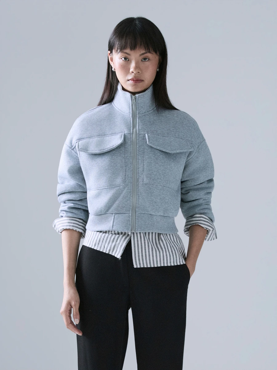 STILLVEA. 纯色拉链落肩卫衣,长袖上衣,适合毕业季、教师节、返校季等场合。 - 灰色 - 查看 1