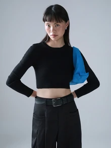 STILLVEA. 纯色罗纹针织短款毛衣，长袖套头衫，秋冬款 - 黑色 - 查看 2