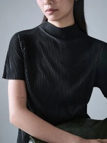 STILLVEA. 2件組女款純色高領短袖上衣與長褲套裝，夏季穿搭，2件套 - 黑色 - 查看 3