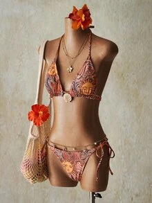 SHEIN ICON 2pcs Tropical Boho Beach Paisley Print Swimwear Set For Vacation & Beach, Y2k Clothes Women, Western Wear Women - Multicolor - View 7