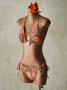 SHEIN ICON 2pcs Tropical Boho Beach Paisley Print Swimwear Set For Vacation & Beach, Y2k Clothes Women, Western Wear Women - Multicolor - View 3