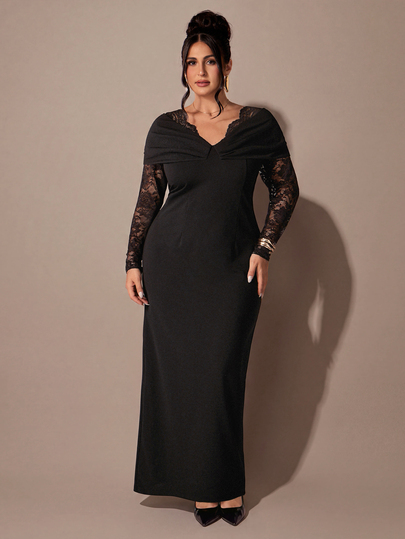 SHEIN BAE CURVE Plus Size Women's Black Lace Patchwork Ruched Dress, Pleated Dress With Lace Paneling And A Sexy V-Neck-Perfect For Halloween.