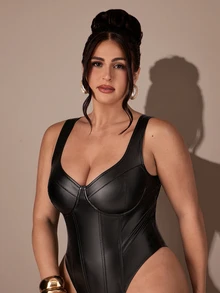 SHEIN BAE CURVE بودي سوت نسائي مقاس كبير من البولي يوريثان الأسود المرن مع كب - الأسود - مشاهدة 3