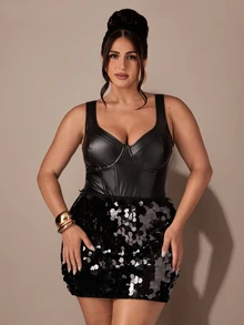 SHEIN BAE CURVE بودي سوت نسائي مقاس كبير من البولي يوريثان الأسود المرن مع كب - الأسود - مشاهدة 1