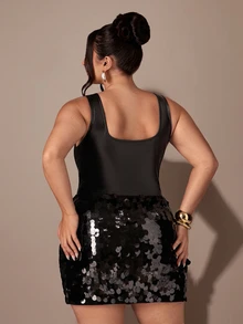 SHEIN BAE CURVE بودي سوت نسائي مقاس كبير من البولي يوريثان الأسود المرن مع كب - الأسود - مشاهدة 2