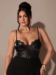 SHEIN BAE CURVE Plus Size Black PU Contrast Lace Trim Elastic Bodysuit - Black - View 5