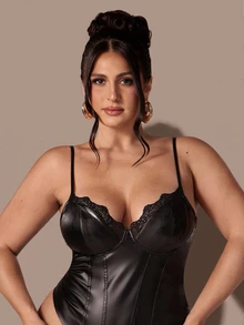 SHEIN BAE CURVE Plus Size Black PU Contrast Lace Trim Elastic Bodysuit - Black - View 4
