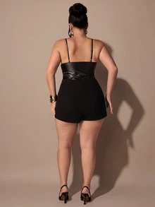 SHEIN BAE CURVE Plus Size Black PU Contrast Lace Trim Elastic Bodysuit - Black - View 2