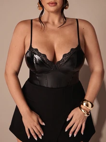 SHEIN BAE CURVE Plus Size Black PU Contrast Lace Trim Elastic Bodysuit - Black - View 6