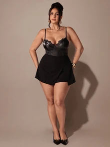 SHEIN BAE CURVE Plus Size Black PU Contrast Lace Trim Elastic Bodysuit - Black - View 1