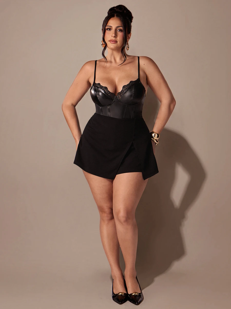 SHEIN BAE CURVE Plus Size Black PU Contrast Lace Trim Elastic Bodysuit - Black - View 1