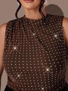 SHEIN BAE CURVE Plus Size Women's Rhinestone Embellished Ruched Casual Versatile Daily Wear Bodysuit - Coffee Brown - View 8