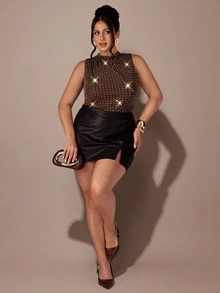 SHEIN BAE CURVE Plus Size Women's Rhinestone Embellished Ruched Casual Versatile Daily Wear Bodysuit - Coffee Brown - View 6