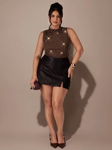 SHEIN BAE CURVE Plus Size Women's Rhinestone Embellished Ruched Casual Versatile Daily Wear Bodysuit - Coffee Brown - View 1