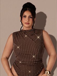 SHEIN BAE CURVE Plus Size Women's Rhinestone Embellished Ruched Casual Versatile Daily Wear Bodysuit - Coffee Brown - View 3